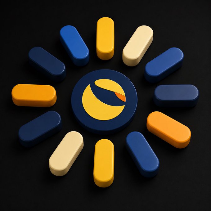 A central circular logo featuring a stylized yellow and orange design on a dark blue background, surrounded by an arrangement of colorful pill-shaped or capsule-like objects in shades of blue, yellow, and cream on a black surface.