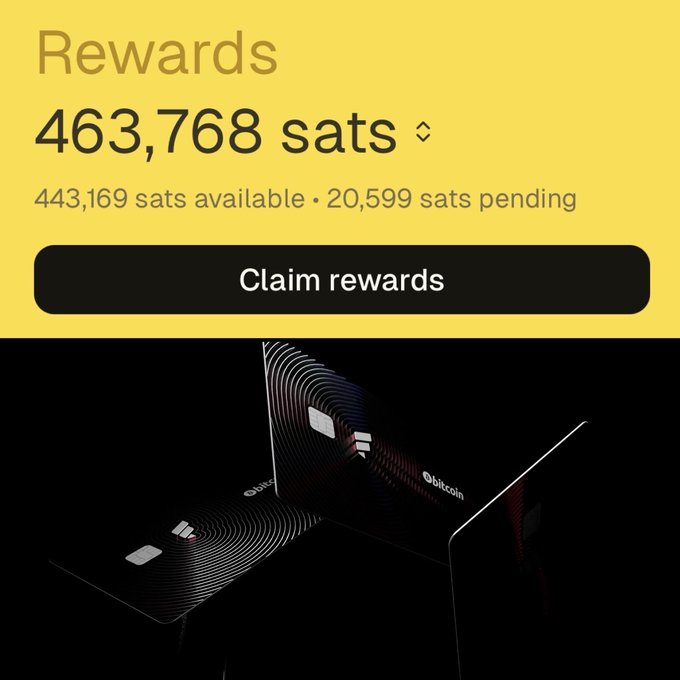 A rewards dashboard displaying 463,768 sats (443,169 available, 20,599 pending) with a "Claim rewards" button, shown above Bitcoin credit cards. The image illustrates the post's message about replacing antiquated loyalty points systems with Bitcoin-based rewards.