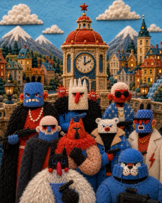 A stop-motion style scene featuring a group of colorful, knitted or yarn-crafted character figures with various facial expressions and hats, posed in front of a clock tower and a backdrop of European-style buildings and mountains.