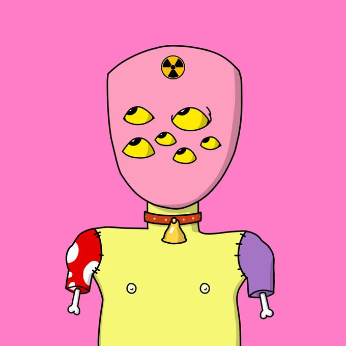 A surreal illustration of a figure with a pink alien-like head featuring multiple yellow eyes and a radiation symbol, wearing a patched green shirt with a bell collar against a pink background.