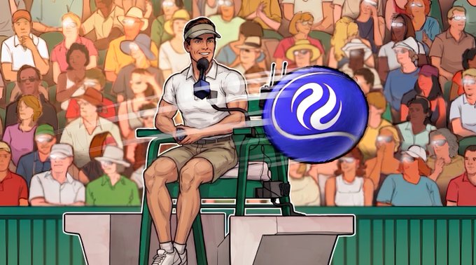 A cartoon illustration of an umpire sitting in a high chair overlooking a tennis court crowd, with a blue Injective (INJ) logo overlaid on the image.