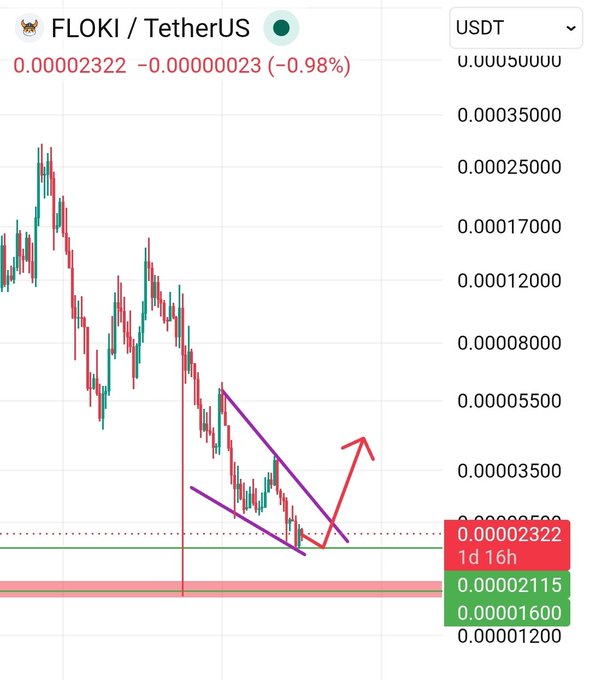Trading chart of FLOKI/TetherUS showing a current price of 0.00002322 with a -0.98% decrease, featuring a purple descending wedge pattern and a red upward breakout arrow.
