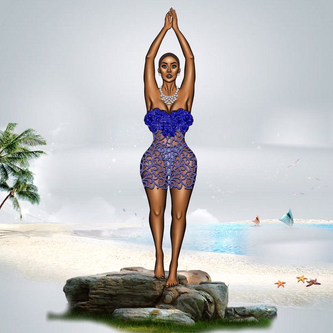 A digital fashion art illustration shows a woman in a blue lace cut-out romper standing triumphantly atop rocks on a beach with her arms raised, embodying the strength and resilience referenced in the post about surviving the world. The artwork, titled "UKAM," is being shared on OpenSea for 0.45 ETH as a reflective piece created in 2021.