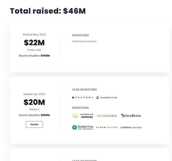 The image shows a screenshot of a web page displaying details about two fundraising rounds that took place in February. It seems like these funds were used for various business ventures, including a fund raised by Pantera Capital and another round led by the Founders Fund at Ondo Perps @OndoPerps. The total amount of money raised was $46 million.