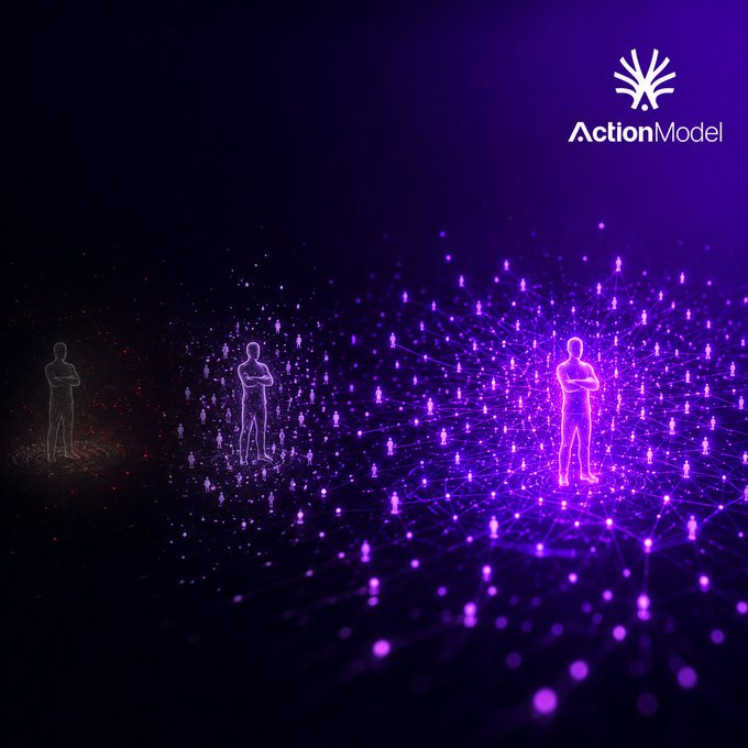 A promotional graphic for 'ActionModel' showing glowing purple and orange humanoid figures standing on interconnected digital networks against a dark background.