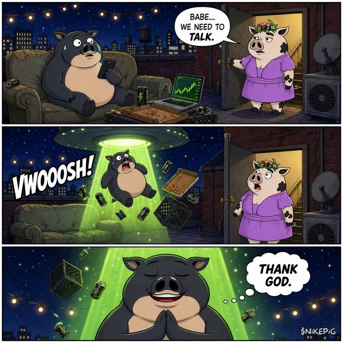 A three-panel comic by Snikepig featuring a pig couple, where the wife says 'Babe... we need to talk,' a UFO abducts the husband with a 'VWOOSH!', and the relieved husband thinks 'Thank God.'