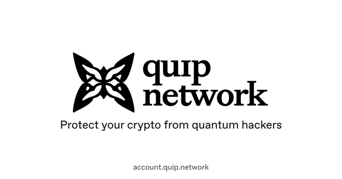 The logo for 'quip network' featuring a stylized butterfly emblem and the tagline 'Protect your crypto from quantum hackers' along with the URL account.quip.network.