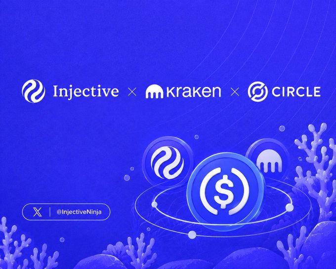 A promotional graphic featuring Injective, Kraken, and Circle logos on a blue background with underwater-themed elements and coin illustrations, including the handle @InjectiveNinja.