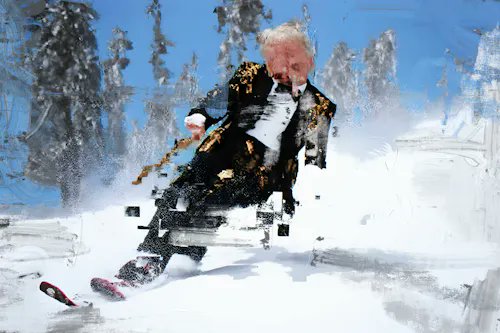 An artistic/glitchy image of a person in a tuxedo skiing through snow, with trees in the background and a distorted digital effect over the figure.