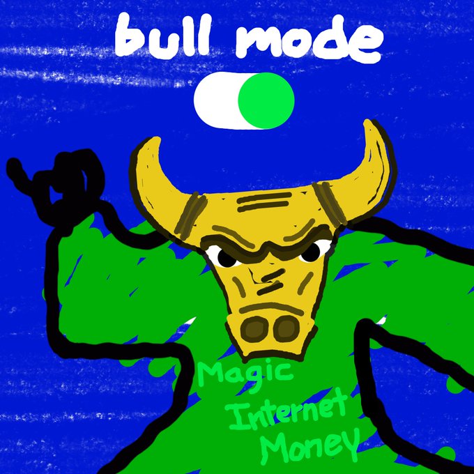 A cartoon bull wearing a blue cape and a green-and-white pill-like helmet stares intensely forward against a blue background, with "bull mode" written at the top and "Magic Internet Money" scrawled across the cape, visually embodying the poster's $MIM (Magic Internet Money) bullish sentiment.