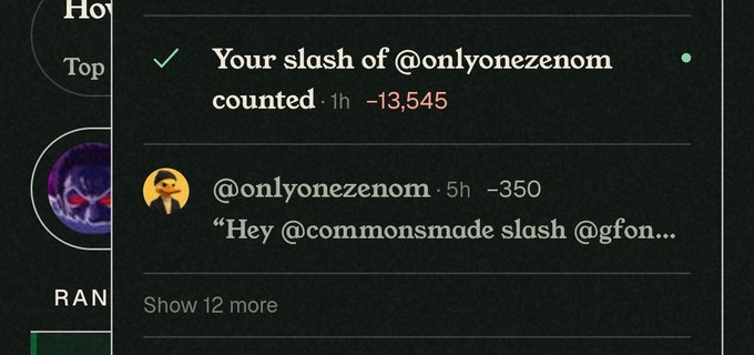 A dark-themed social media or app interface shows notifications including a slash count notification and a message from user @onlyonezenom.