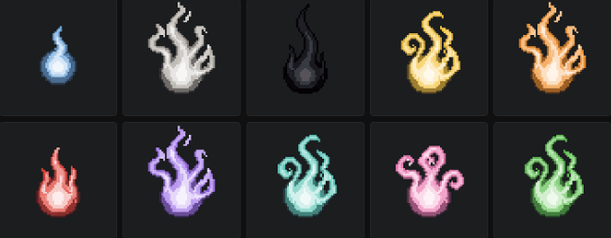 A collection of ten pixel art flame icons arranged in two rows of five, displayed in various colors including blue, white, black, gold, orange, red, purple, teal, pink, and green.