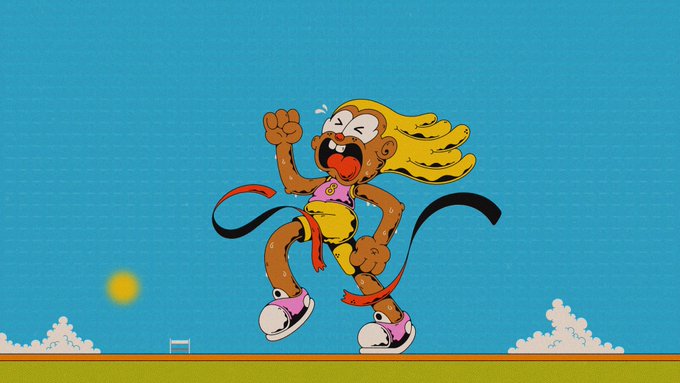 A cartoon character with long blonde hair, wearing a yellow and pink outfit, runs energetically across a field against a blue sky.