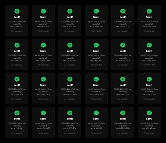 The image displays a grid of 24 transaction confirmations, each showing that 500,000 $BULLHUNT tokens have been successfully sent to various Solana wallet addresses (all starting with "9pRd"), each marked with a green checkmark and labeled "Sent!" This serves as visual proof for the "$BULLHUNT" airdrop claim mentioned in the post, demonstrating the distribution of tokens to multiple recipients as part of the promotional giveaway.