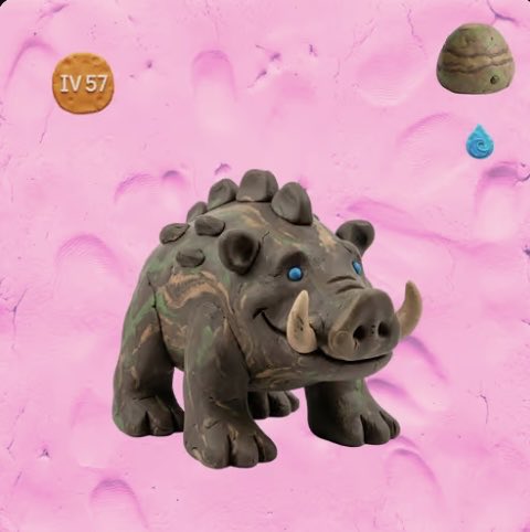 A 3D rendered gray and brown boar-like creature with blue eyes stands on a pink textured background, with a gold 'IV 57' token and two smaller orbs visible.