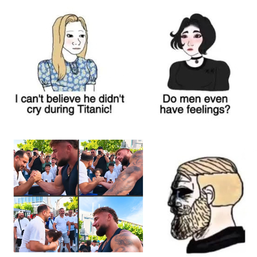 A four-panel Wojak/Chad meme: two women wonder why a man didn't cry during Titanic and whether men have feelings, followed by images of a large bearded man (the 'Gigachad') in various scenes.