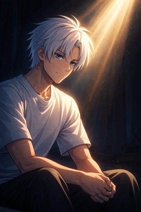 An anime-style illustration shows a young man with white hair and blue eyes wearing a white t-shirt, sitting in a dimly lit space illuminated by a golden beam of light from above.