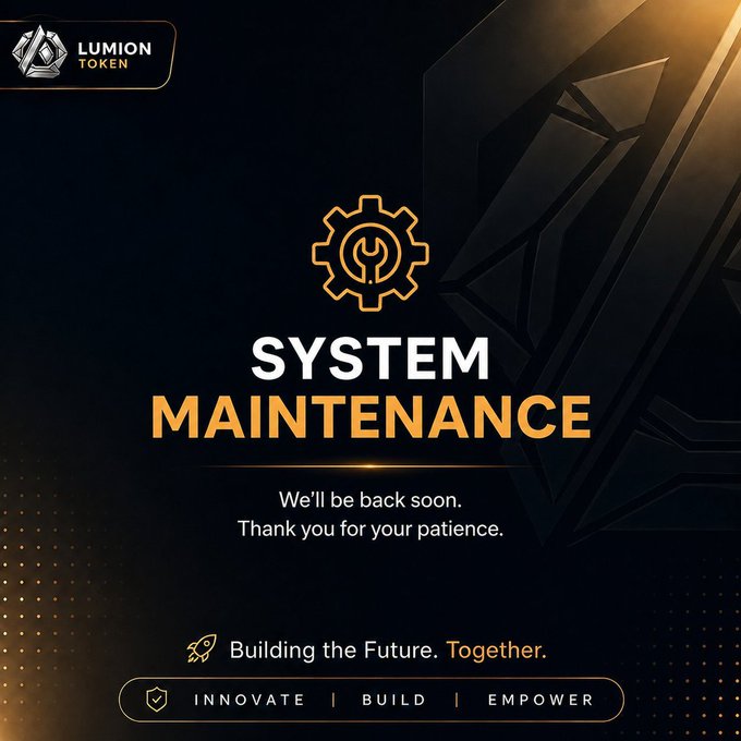 Lumion Token 'SYSTEM MAINTENANCE' announcement screen stating 'We'll be back soon. Thank you for your patience. Building the Future Together.' with INNOVATE | BUILD | EMPOWER tagline.
