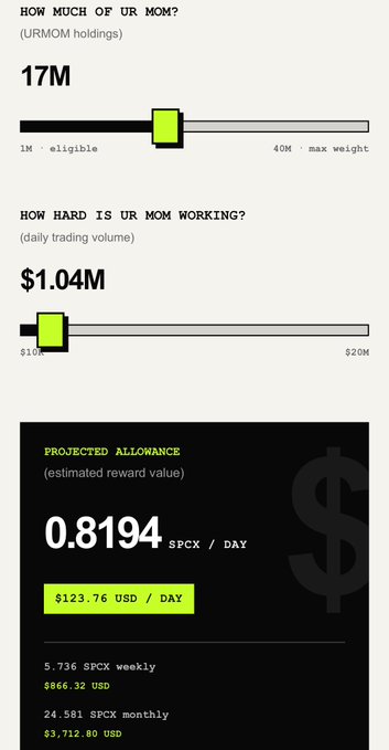 A dashboard showing URMOM token holdings (17M), daily trading volume ($1.04M), and a projected reward allowance of 0.8194 SPCX/day valued at approximately $123.76 USD.