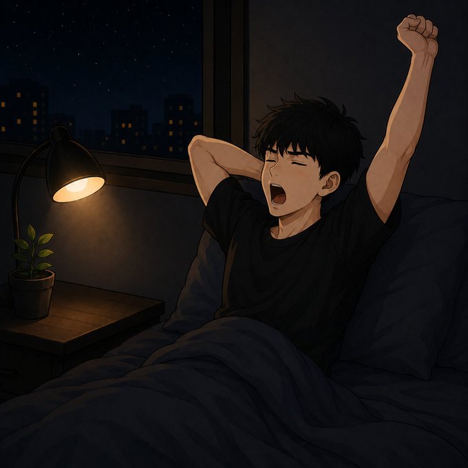 An anime-style illustration shows a young man with dark hair yawning and stretching in bed at night, with a desk lamp, a potted plant, and a city skyline visible through the window.