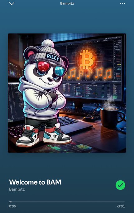 A Telegram channel post from 'Bambitz' titled 'Welcome to BAM' featuring an illustration of a bear character wearing a beanie labeled 'RILEY', sunglasses, and a hoodie, standing in front of trading screens.