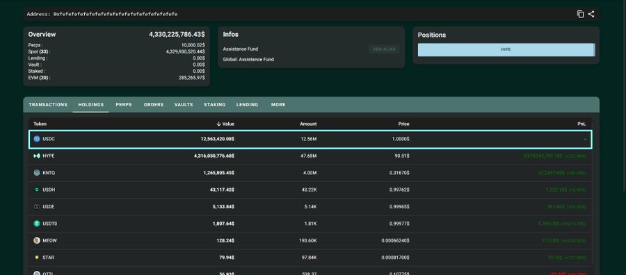 A cryptocurrency wallet dashboard for address 0xfefe showing an overview value of 4,330,225,786.43 with holdings in USDC, HYPE, KNTO, USDH, and other tokens.