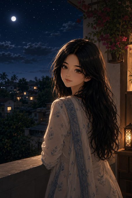 An anime-style digital illustration of a young woman with long dark hair wearing a floral dress, standing on a balcony overlooking a nighttime village with a full moon and starry sky.