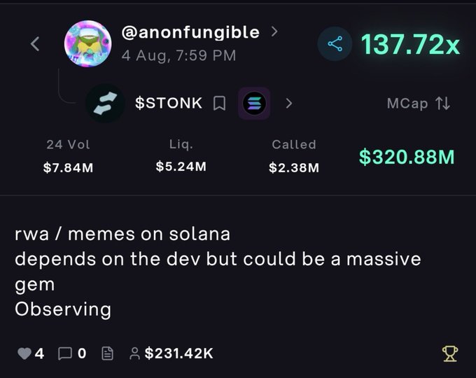 A social media post by user @anonfungible showcases the $STONK token with a market cap of $320.88M and comments about RWA memes on Solana potentially being a massive gem.