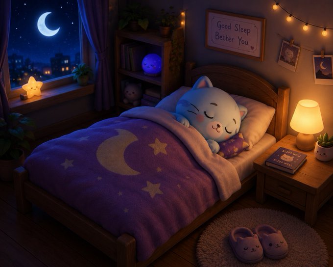 A cozy illustrated bedroom scene featuring a cute white cat sleeping in a wooden bed under a purple moon-and-stars blanket, with a 'Good Sleep Better You' sign, star-shaped nightlight, and slippers on the floor.