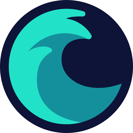 A circular logo featuring a stylized teal and dark blue design, appearing to be a cryptocurrency or tech company emblem.