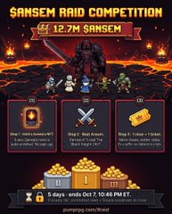 A promotional image for a 'SANSEM RAID COMPETITION' starting at 12.7M SANSEM, showing reward tiers of 10, 100, and 1 ticket, with 5 days remaining and ending Oct 7, 10:46 PM ET.