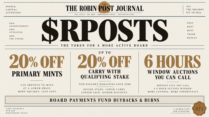 An advertisement for 'THE ROBIN POST JOURNAL' featuring '$RPOSTS' as the token, offering discounts like '20% OFF PRIMARY MINTS' and '6 HOURS WINDOW AUCTIONS YOU CAN CALL'.