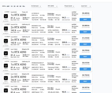 A GPU listings page showing multiple 'SUPERMICRO' servers with '2x RTX 4090' and '1x RTX 4090' GPUs, featuring various specs and prices ranging from approximately $50,000 to $94,000.