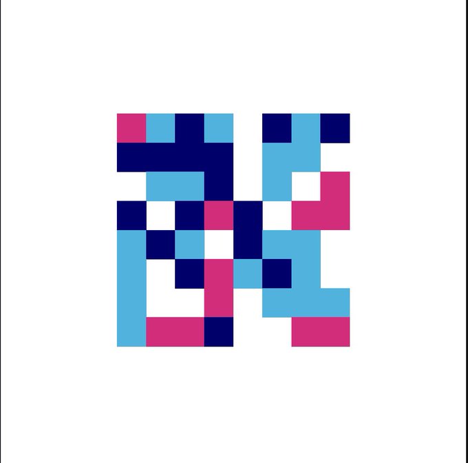A pixelated graphic on a white background uses light blue, dark blue, and pink squares to form a blocky, abstract shape resembling a face.