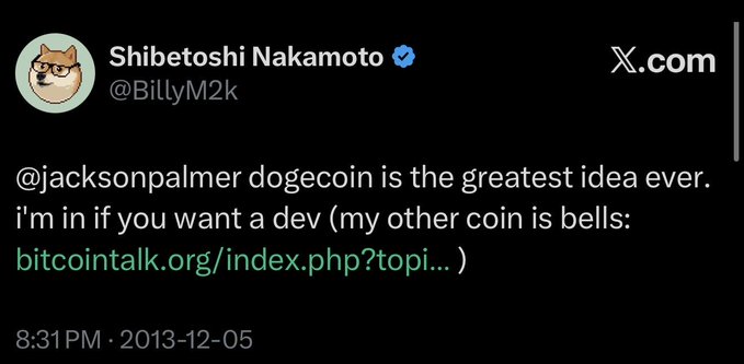 A screenshot of a December 5, 2013 tweet from Shibetoshi Nakamoto (@BillyM2k) expressing interest in developing Dogecoin and mentioning his other coin 'bells'.