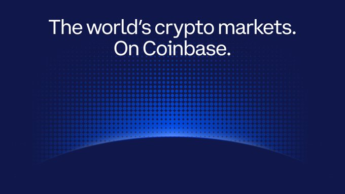The image features a blue background with white text that reads "The world's cryptocurrency markets. On Coinbase." The text is written in a smaller font size than the rest of the image, making it stand out against the blue background. The image also includes a small logo for @CFTC and a reference to the cryptocurrency exchange Coinbase.