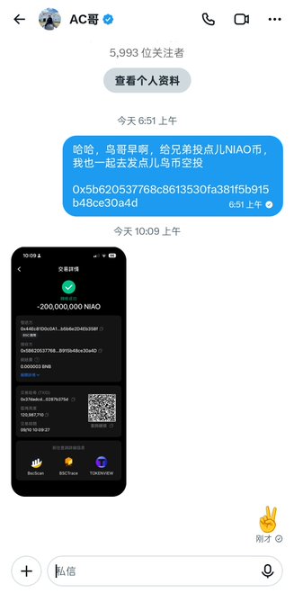 A Chinese-language messaging app screenshot from 'AC哥' showing a transaction for 200,000,000 NIAO tokens and a crypto address beginning with '0x5b620537...'.