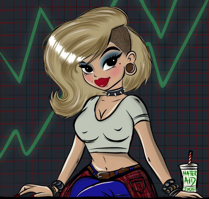 A cartoon illustration of a blonde woman with a shaved side haircut wearing a crop top and jeans, with a drink labeled 'HATER AID TODAY' in front of her against a background of green stock chart lines.
