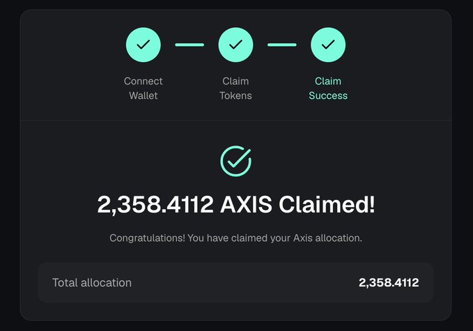 A dark crypto-token claim interface shows three checked steps—“Connect Wallet,” “Claim Tokens,” and highlighted “Claim Success”—followed by “2,358.4112 AXIS Claimed!” and the total allocation “2,358.4112.”