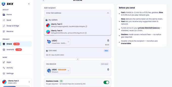 The ZKX wallet interface shows a "Shield" privacy transaction where a user can consolidate tokens from multiple burner wallets into a single private RAILGUN balance. The "Before you send" section highlights features like fast vs. slow transaction speeds, gasless mode, and the irreversible nature of transfers.