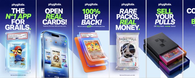 The image is a promotional banner for "phygitals," advertising it as "THE N°1 APP FOR GRAILS," with features including "OPEN REAL CARDS!" for grading via AI/scanning, "100% BUY BACK!" on scanned cards, "RARE PACKS, REAL MONEY," and "SELL YOUR PULLS." The visuals showcase the app interface, a smartphone, and graded sports cards, aligning with the post's announcement of the app launching on the App Store this month, built on Solana and powered by phygitals infrastructure, with SDKs for building RWAs (real-world assets) on mobile.