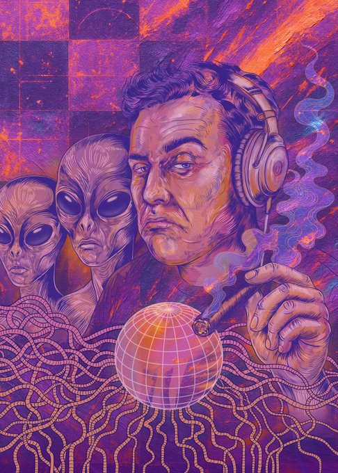 A vibrant purple and orange illustration shows a man wearing headphones smoking, accompanied by two aliens in the background, with a glowing disco ball and wavy rope-like patterns in the foreground.