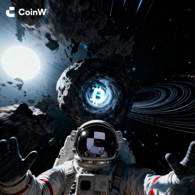 A dramatic sci-fi image from CoinW showing an astronaut reaching toward an asteroid that has a glowing Bitcoin (₿) symbol embedded in it, set against a cosmic background with a sun and planetary rings.