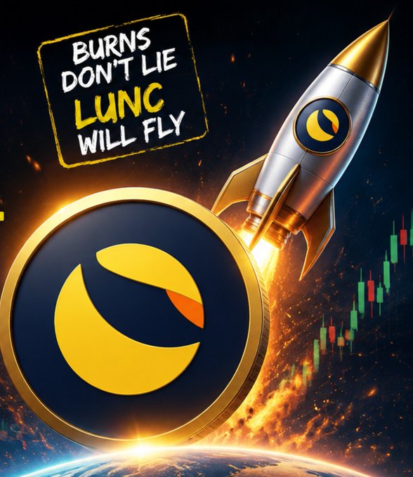 A promotional crypto graphic featuring a gold and silver rocket launching from Earth alongside a gold Luna (LUNC) coin, with the text 'BURNS DON'T LIE LUNC WILL FLY' and a green candlestick chart.
