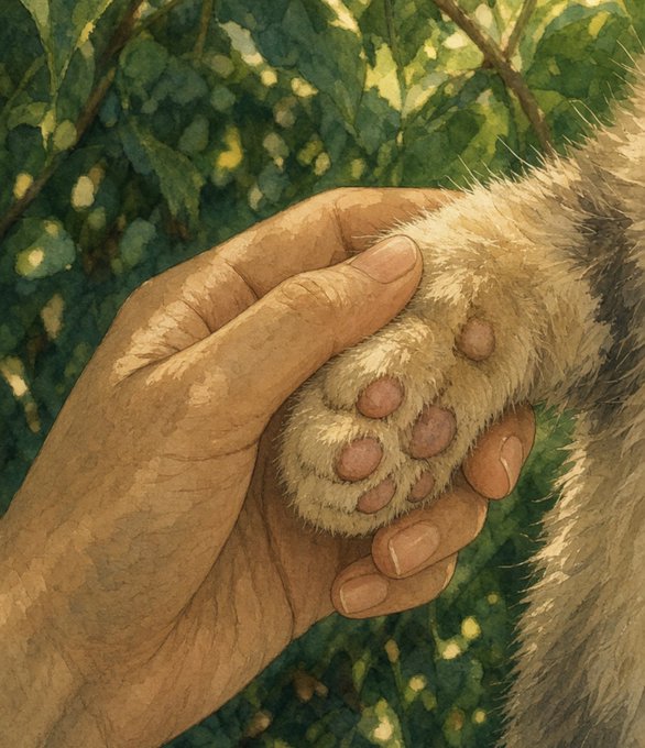 A human hand gently cradles the paw of a furry animal, set against a lush green leafy background, symbolizing the compassion and rescue efforts behind the $JACKSAM charity coin dedicated to helping real-life rescued animals.