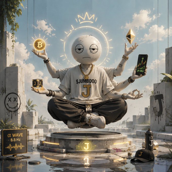 A digital illustration of a floating spherical character with a bored expression, wearing a '$JUMBOOO' jersey and gold chains, holding a glowing Bitcoin coin and an Ethereum logo, while balancing a die and a smartphone displaying 'UP ONLY'.
