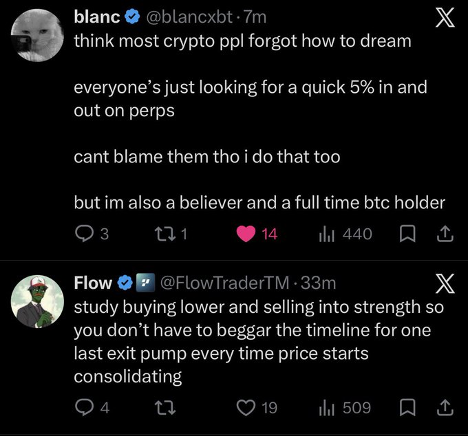 Two tweets from crypto accounts: @blancxbt saying 'think most crypto ppl forgot how to dream, everyone's just looking for a quick 5% in and out on perps' and @FlowTraderTM advising to 'study buying lower and selling into strength'.
