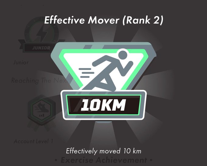 The image displays a STEPN achievement badge titled "Effective Mover (Rank 2)" with "10KM" prominently featured, celebrating having effectively moved 10 km. This aligns with the post where the user shares earning the 10km badge during a 10-minute STEPN session while walking with an umbrella.