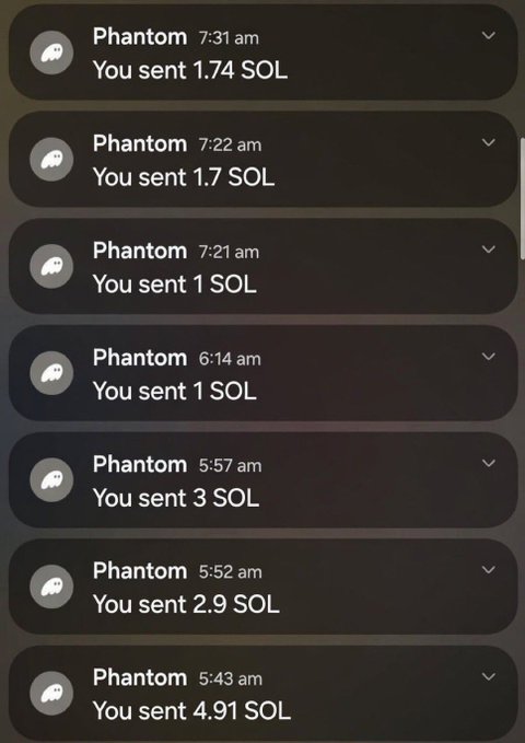 A Phantom wallet notification log showing multiple SOL transactions sent between 5:43 am and 7:31 am, illustrating how the post's request for users to "drop your SOL wallets" could result in small SOL transfers (1.74, 1.7, 1, 1, 3, 2.9, and 4.91 SOL) being sent out to participants following @kivoTRX.