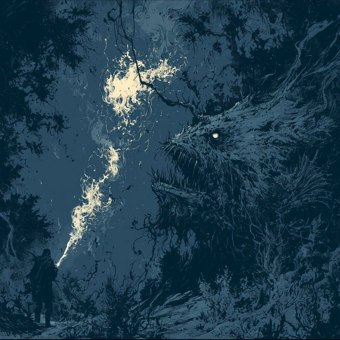 A dark, moody illustration of a small figure holding a torch that emits a magical, swirling light facing off against a massive, terrifying monster with sharp teeth in a shadowy forest.